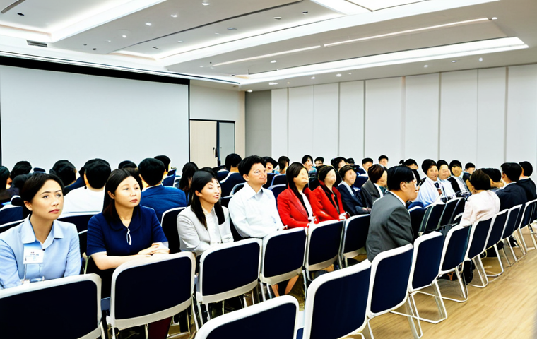 **Prompt:** A diverse group of educators attentively listening to a keynote speaker at a Korean language education conference, professional setting, fully clothed, appropriate attire, safe for work, perfect anatomy, natural proportions, bright lighting, modern conference hall.
