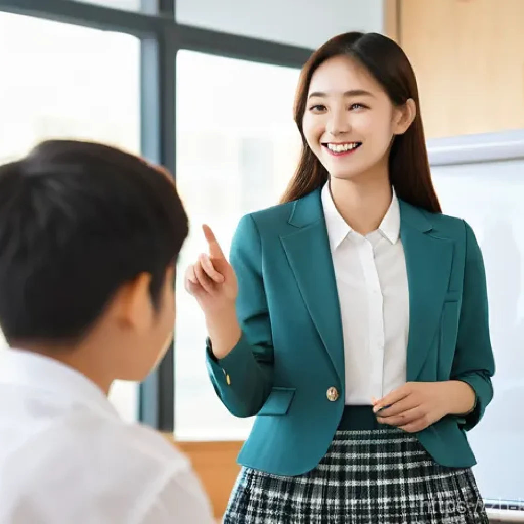 한국어교원 자격증 국비 지원 정보 - A vibrant and modern classroom scene. A cheerful young female Korean language teacher, dressed in a ...