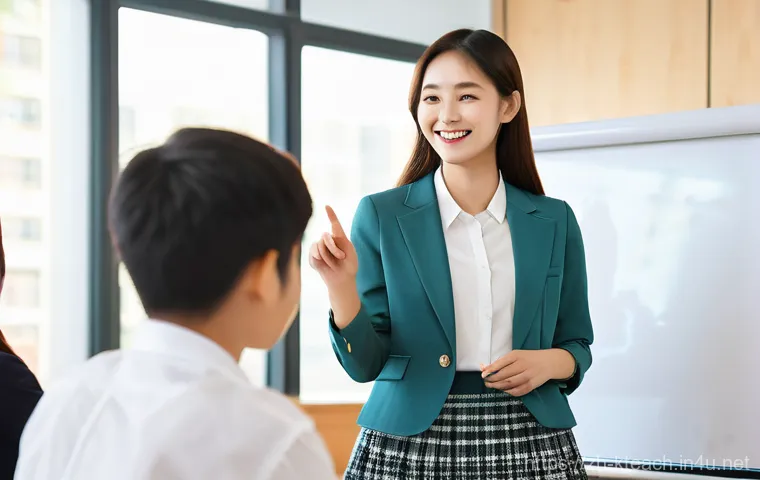한국어교원 자격증 국비 지원 정보 - A vibrant and modern classroom scene. A cheerful young female Korean language teacher, dressed in a ...