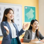 한국어교원 시험 합격 전략 - A vibrant and energetic scene in a modern, brightly lit classroom. A diverse group of young adult st...