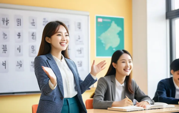 한국어교원 시험 합격 전략 - A vibrant and energetic scene in a modern, brightly lit classroom. A diverse group of young adult st...