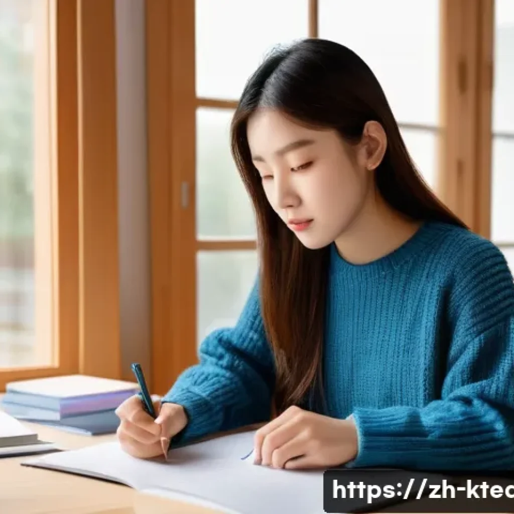 한국어교원 시험 기출문제 활용법 - A focused and determined young female university student, in her early twenties, is seated comfortab...
