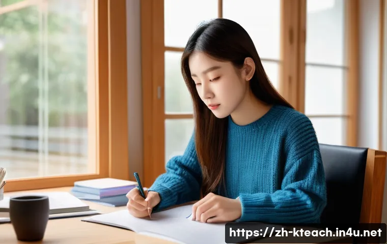 한국어교원 시험 기출문제 활용법 - A focused and determined young female university student, in her early twenties, is seated comfortab...
